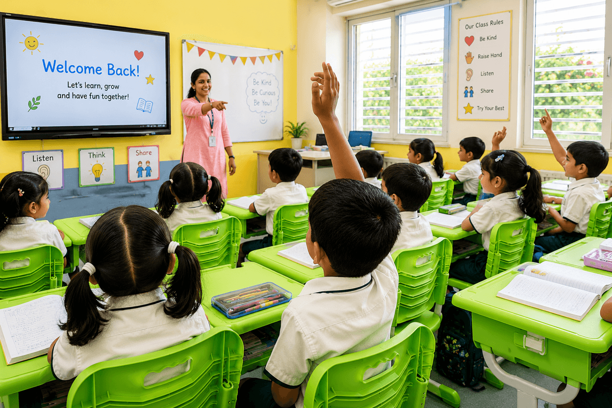 Teacher conducting an online class with young students
